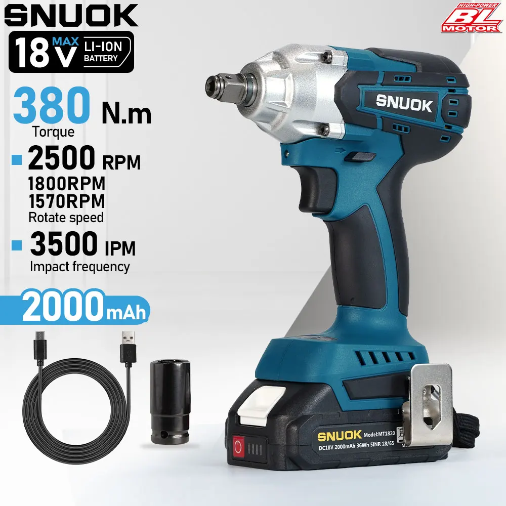 SNUOK 18V bürstenloser 1/2-Zoll-Schlagschrauber, 380 N·m, hohes Drehmoment, 2,0 Ah, Typ-C, für Makita-Lithium-Akku, 1570–2500 U/min, 1/4-Zoll-Doppelanwendung, elektrischer Schraubendreher, drei