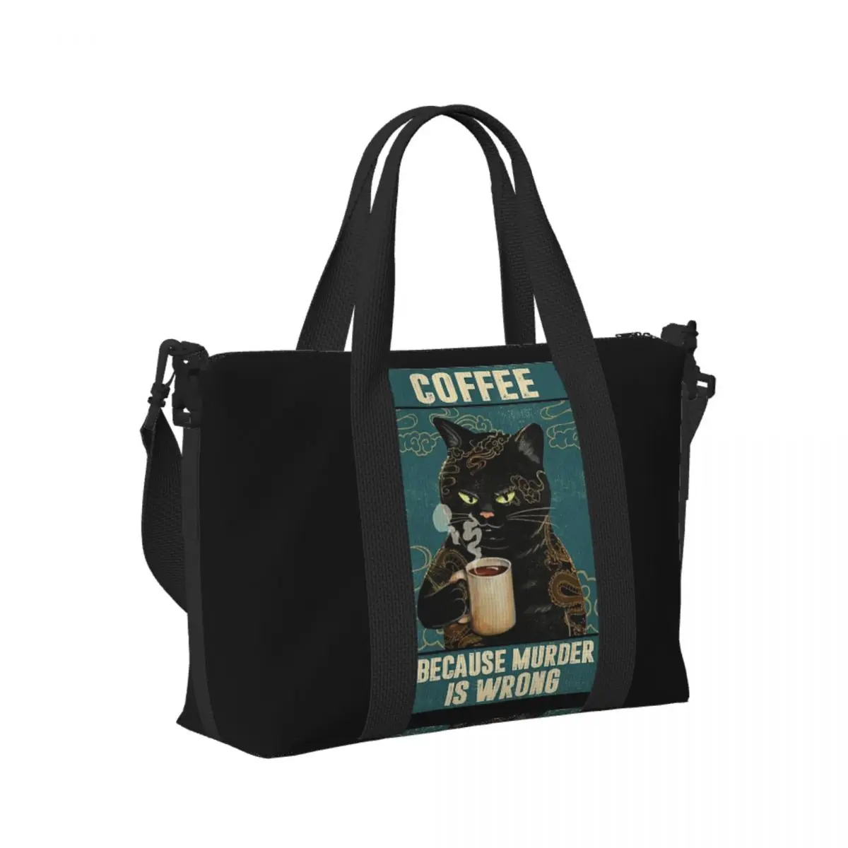 

Custom Black Cat Coffee Beach Travel Bag Large Capacity Tote Bags for Gym Yoga Women Shopping Duffle Shoulder Bag