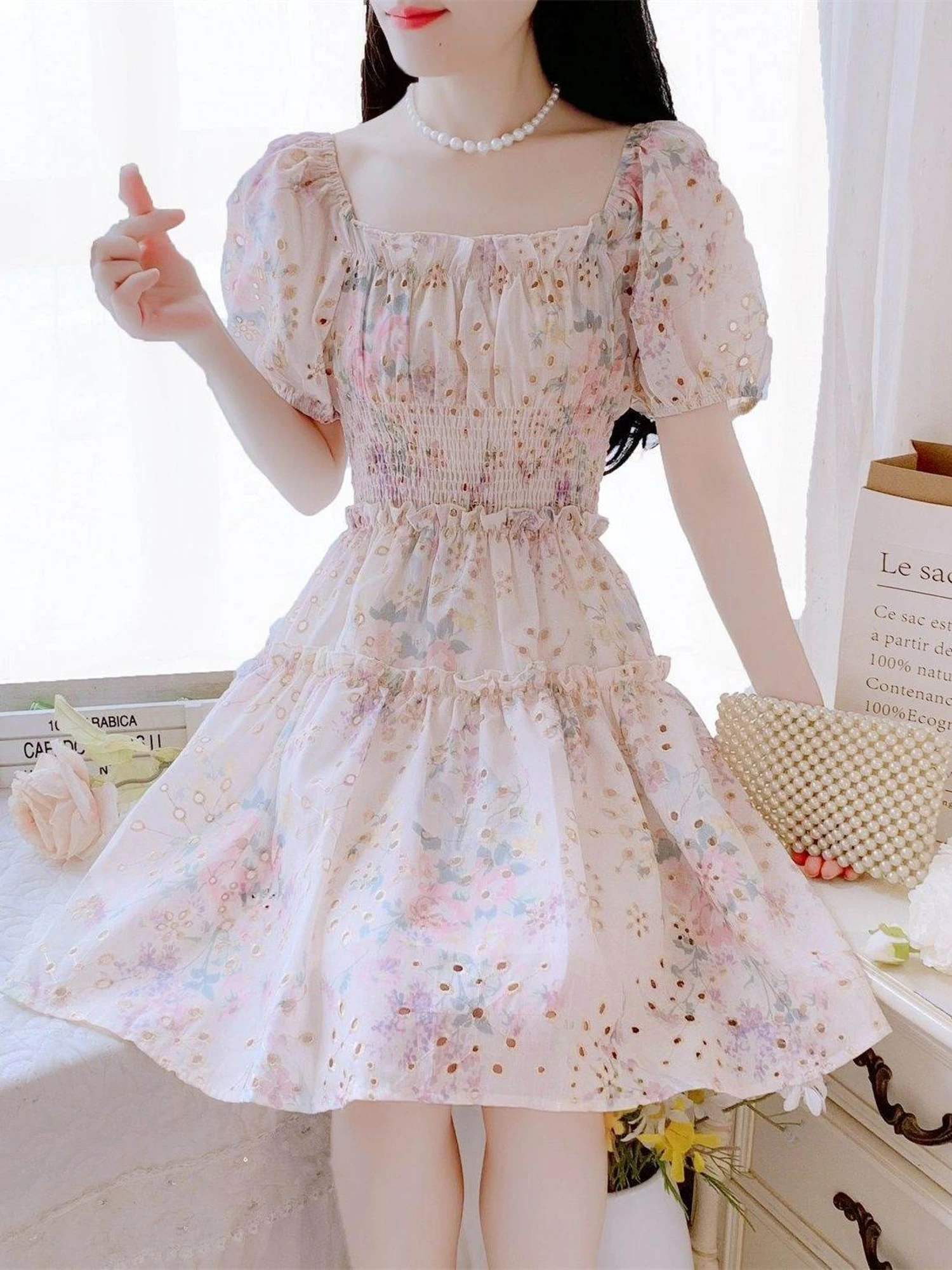 summer-2025-new-sle-sweet-floral-print-women's-dr-with-puffy-sves-waist-cinching-handkerchief-square-collar-design