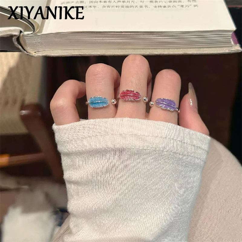 XIYANIKE Colored Drop Glaze Feather Adjustable Finger Rings For Women Girl Fashion New Jewelry Gift Party Holiday кольцо