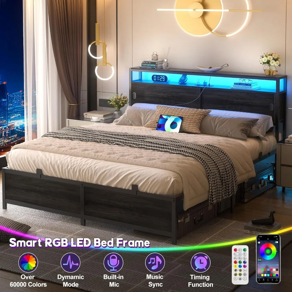Queen Size Bed Frame - Storage Headboard Bed with Sliding Doors, LED Lights & USB Charging Station, Metal Platform Bed Frame