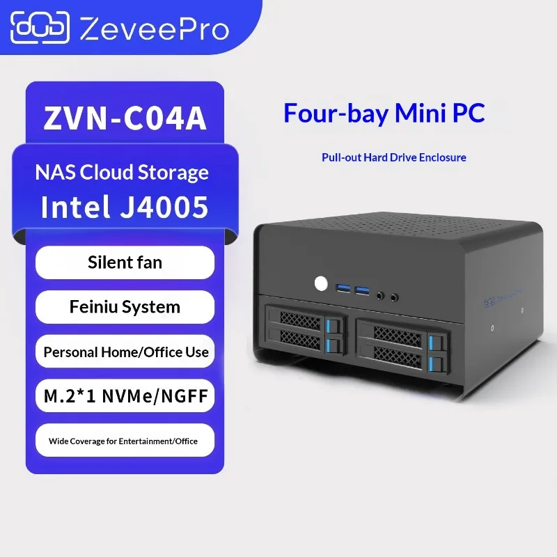 4-Bay NAS - Home Data Center, 2.5" SATA X4 + M.2, Intel J4005, Dual Gigabit, 4K DP Plug & Play NAS