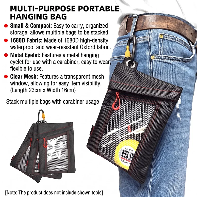 NAKIOO Tool Parts Storage Pouch with Carabiner Hardware Accessories Organizer Waterproof Wear-resistant Mesh Zipper Waist Bag