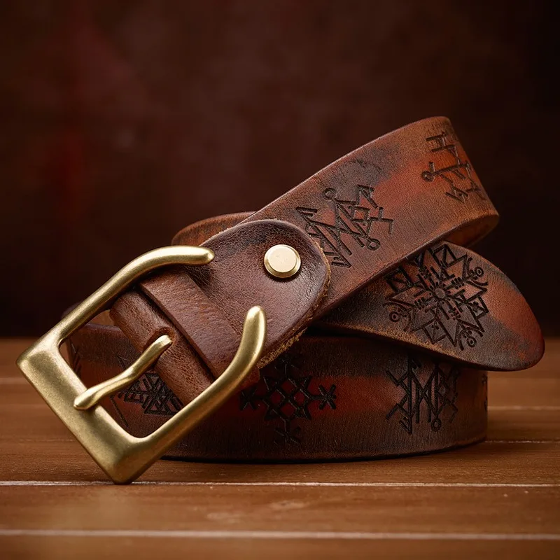 اضافية سميكة جلد البقر شخصية النحاس القرن على شكل مشبك رئيس حزام رجالي الرجعية النقش محظوظ رمز حزام البنطال الجينز
