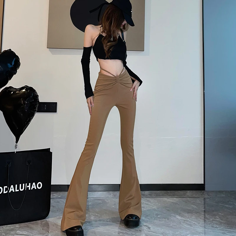 

Ins Chic Design Skinny Stretch Flare Pants Party Club Lady Streetwear Bandage High Waist Bell Bottom Sexy Floor Length Pantalon