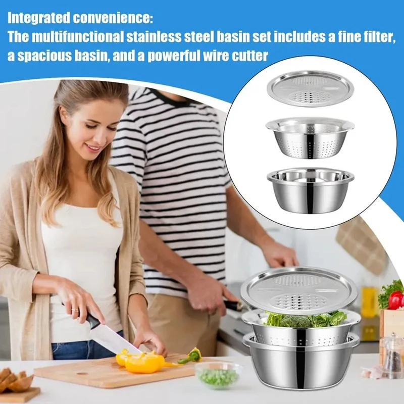 ABVJ-Multifungsi Stainless Steel Basin Alat Pengiris Sayuran Parutan Pengeringan Keranjang Salad Beras Mesin Cuci Drain Colander