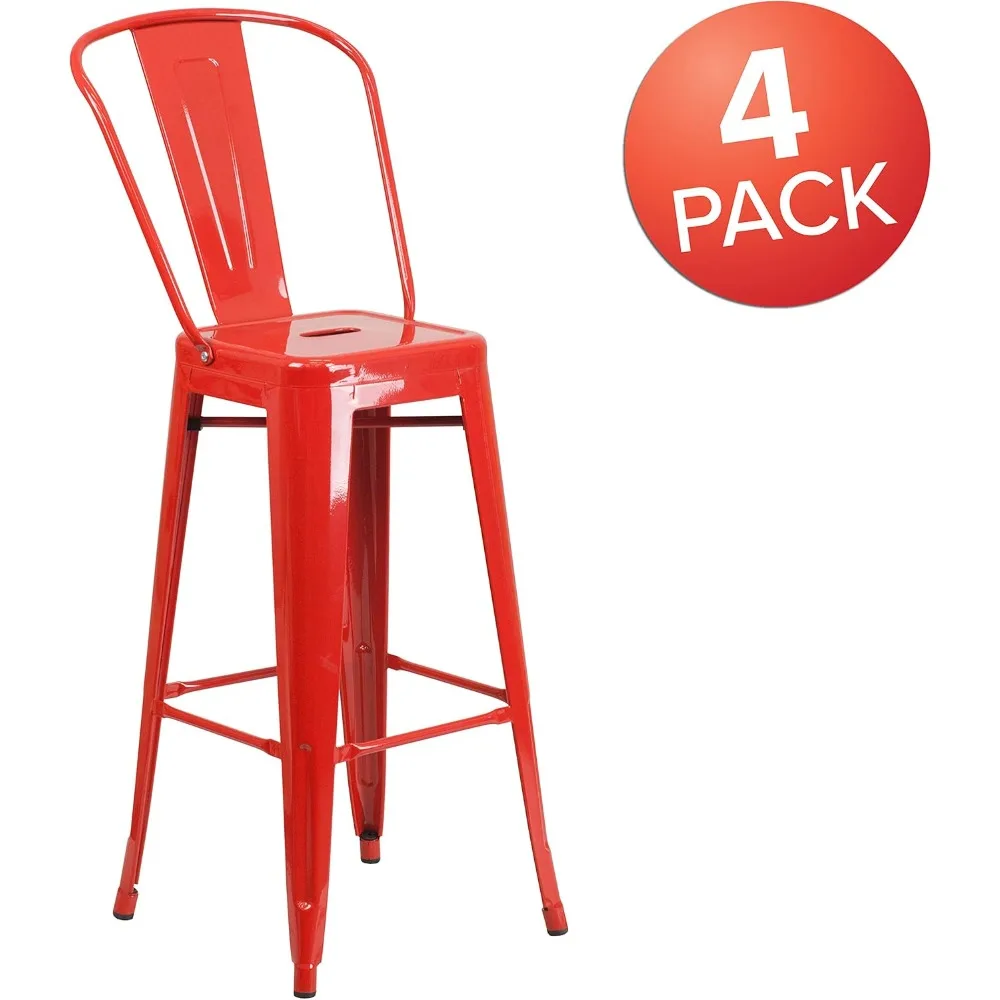 EMMA + OLIVER 4 Pack 30 مقعد مرتفع معدني داخلي وخارجي مع ظهر - أثاث المطبخ