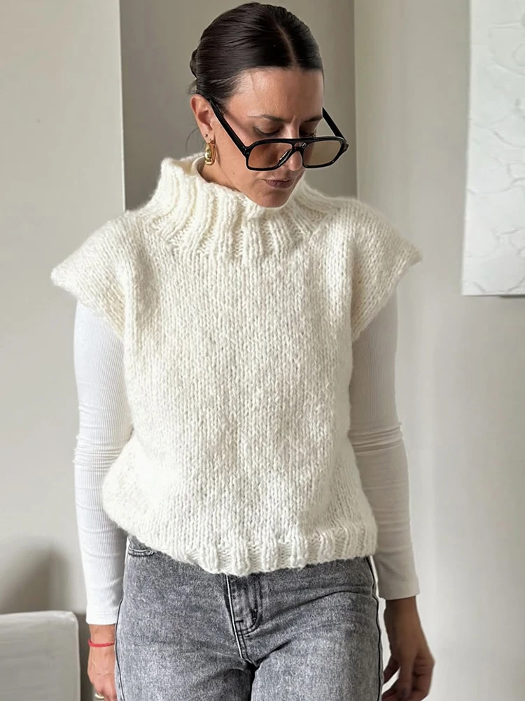 JULISSA MO Knit Turtleneck Pullover Women Sweater White Sleeveless Solid Casual Sweaters Autumn Winter Loose Outdoor Streetwear