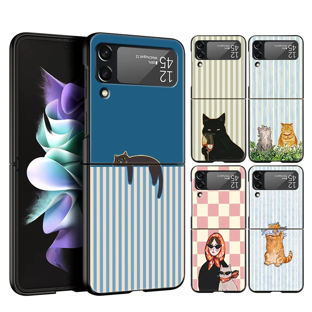 Phone Case for Samsung Galaxy Z Flip 3 4 5 6 7 8 Folding Shell For Samsung Z Flip4 PC Hard Cover Artistic Cat Striped Fashion