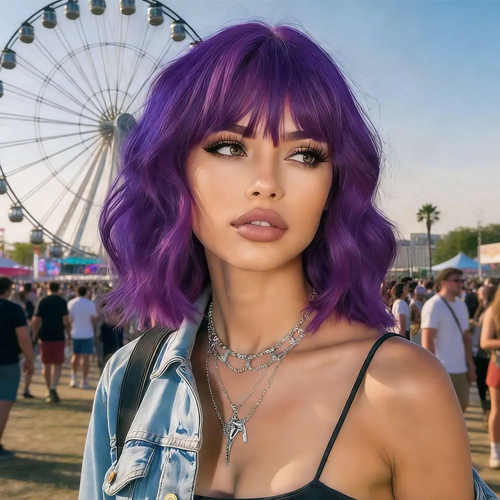 

Short Bob Wavy Wigs for Women 14' Deep purple Wig with Bangs Synthetic Natural Color Hair for Halloween& Cosplay and Daily
