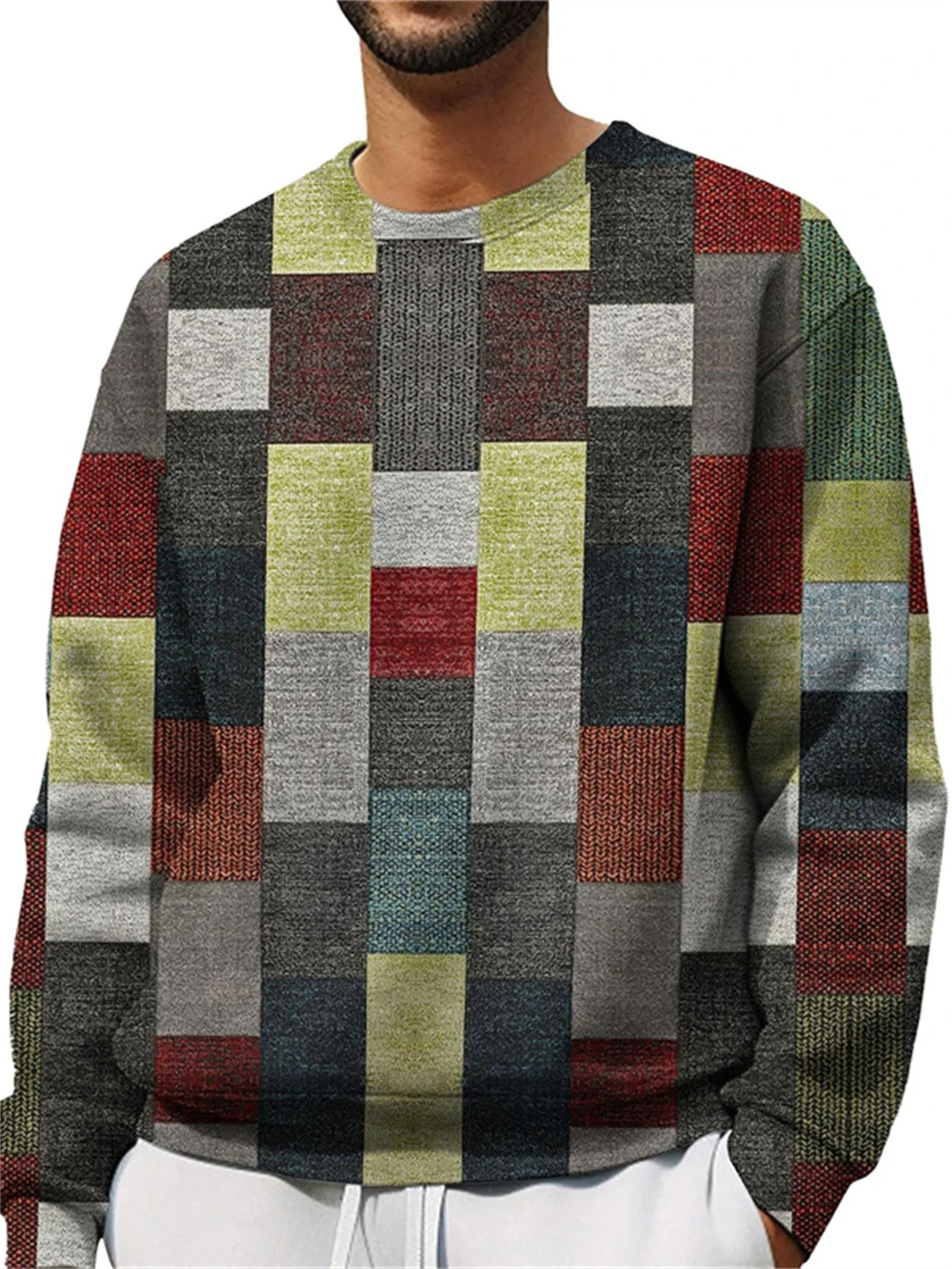 Classic Design Patchwork Pattern Sweatshirt For Men Round Neck Hoodies 3d Printing Polyester Loose Pullover Sweatshirts Tops