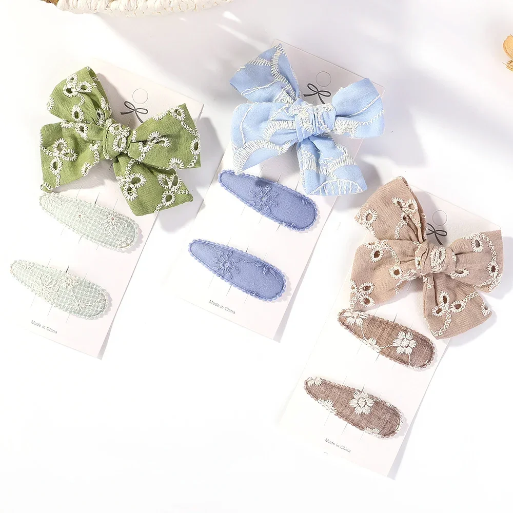 3Pcs/Set Girls Embroidery Flower Kids Bows Hair Clips Children BB Hairpins Geometric Sweet Hair Accessories Cotton Barrettes