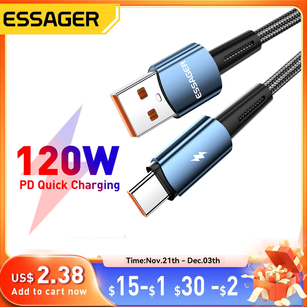 Essager 120W USB Type C Cable Super Fast Charge 67W Cable Quick Charge 6A For Xiaomi 12Pro Redmi K50 Note 11Pro Black Shark5 Pro