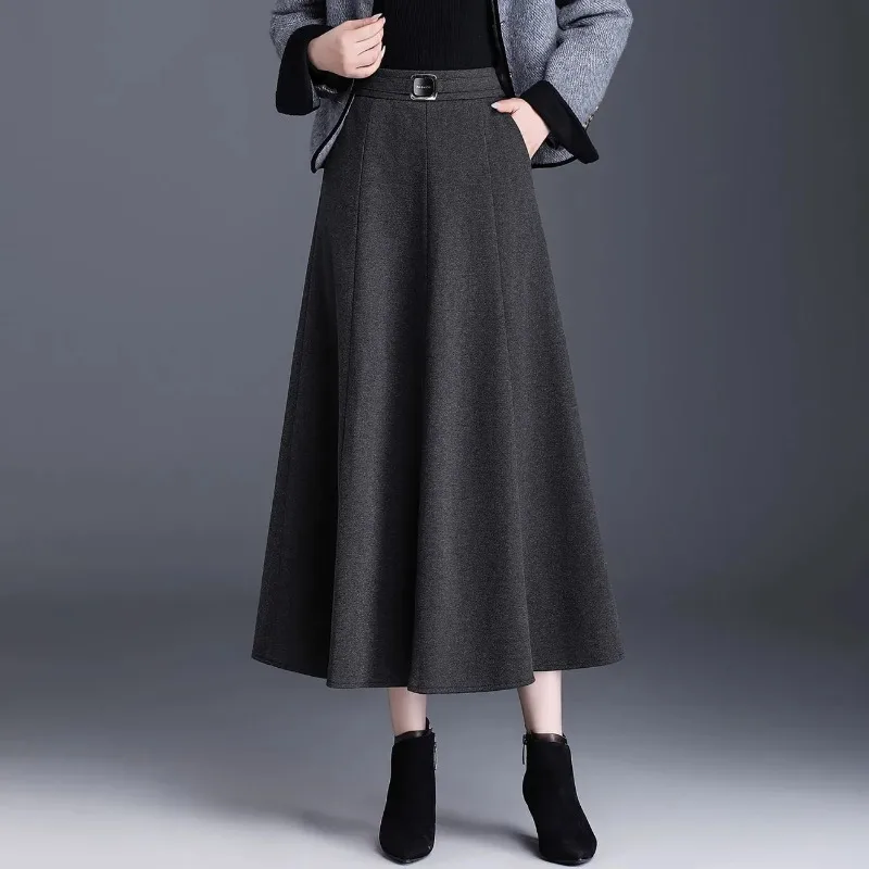 

Skirt Autumn Winter Pocket Thickened Wool New High Waist Slimming Mid-length Temperament Long Skirt