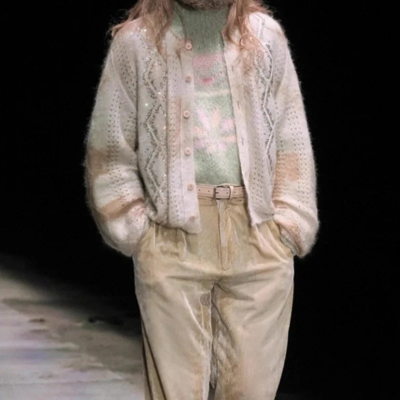 خريف جديد المرأة جولة الرقبة جوفاء خارج الماس مطعمة فضفاضة طويلة الأكمام سترة مشغولة من الصوف y2k المألوف سترة سترة غير رسمية #3