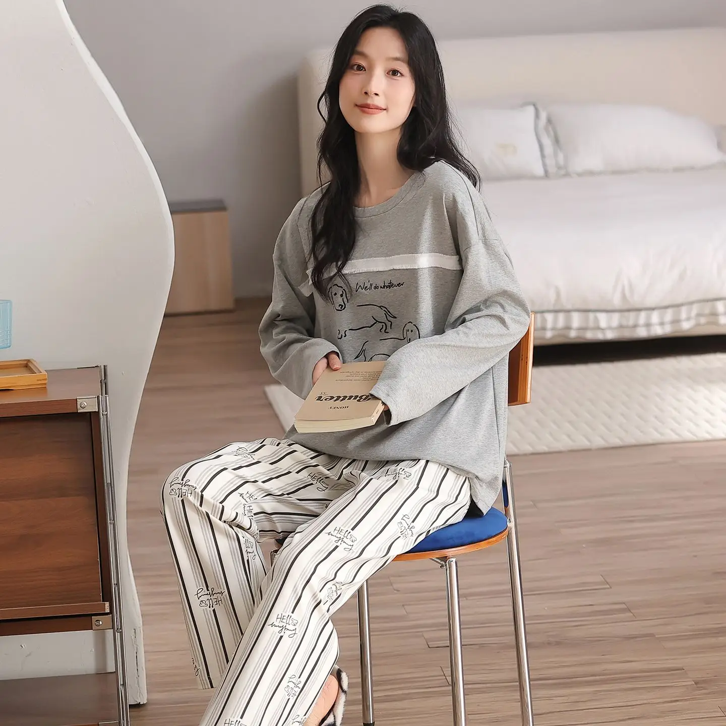 أطقم بيجامات قطنية 100% بأكمام طويلة لربيع وخريف 2026 للنساء ملابس نوم كورية لطيفة ملابس منزلية بيجاما موهير ملابس منزلية