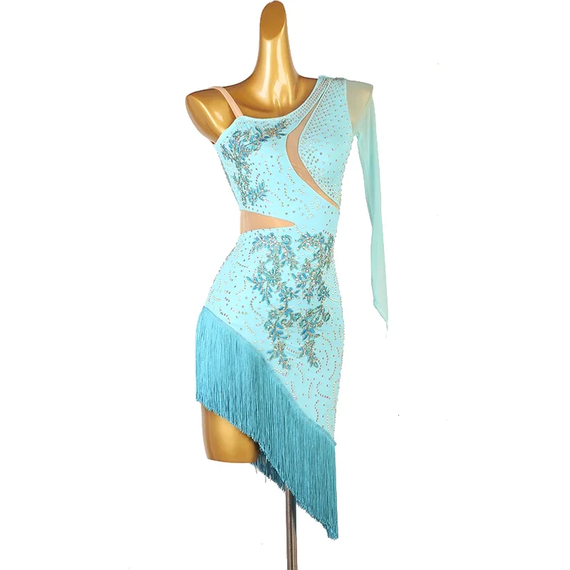 

Latin Dance Performance Costume Set For Women Cusomzied Latin Competition Single Sleeves Dress Female Rumba Chacha Outfit