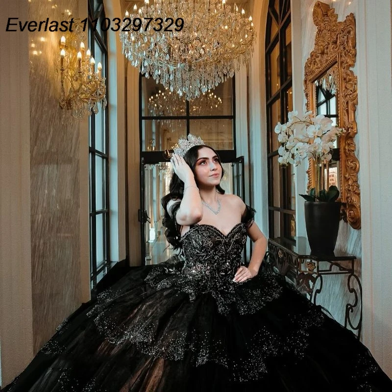 EVLAST Customized Black Ball Gown Quinceanera Dress 3D Lace Floral Applique Beading Tiered Sweet 15 Vestido De 15 Anos TQD578