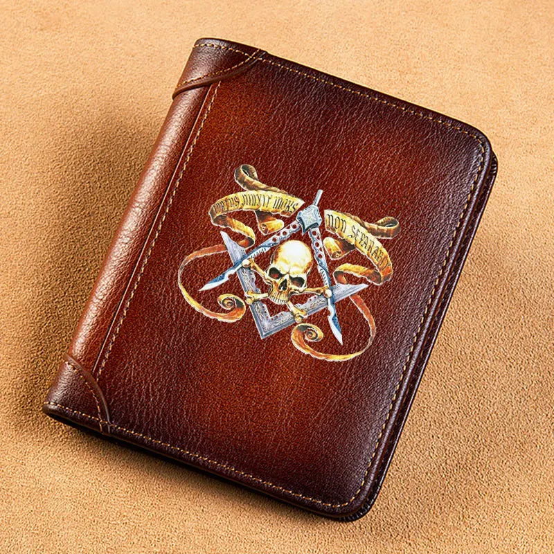 

High Quality Genuine Leather Men Wallets Free and Accepted Masons Skull Short Card Holder Purse Luxury Brand Male Wallet