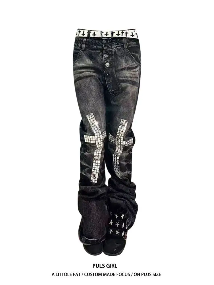 Slim Fit Straight Leg Denim Jeans Men Women Crossbody Rhinestone Embellished High Waist Button Closure Long Trousers Trendy