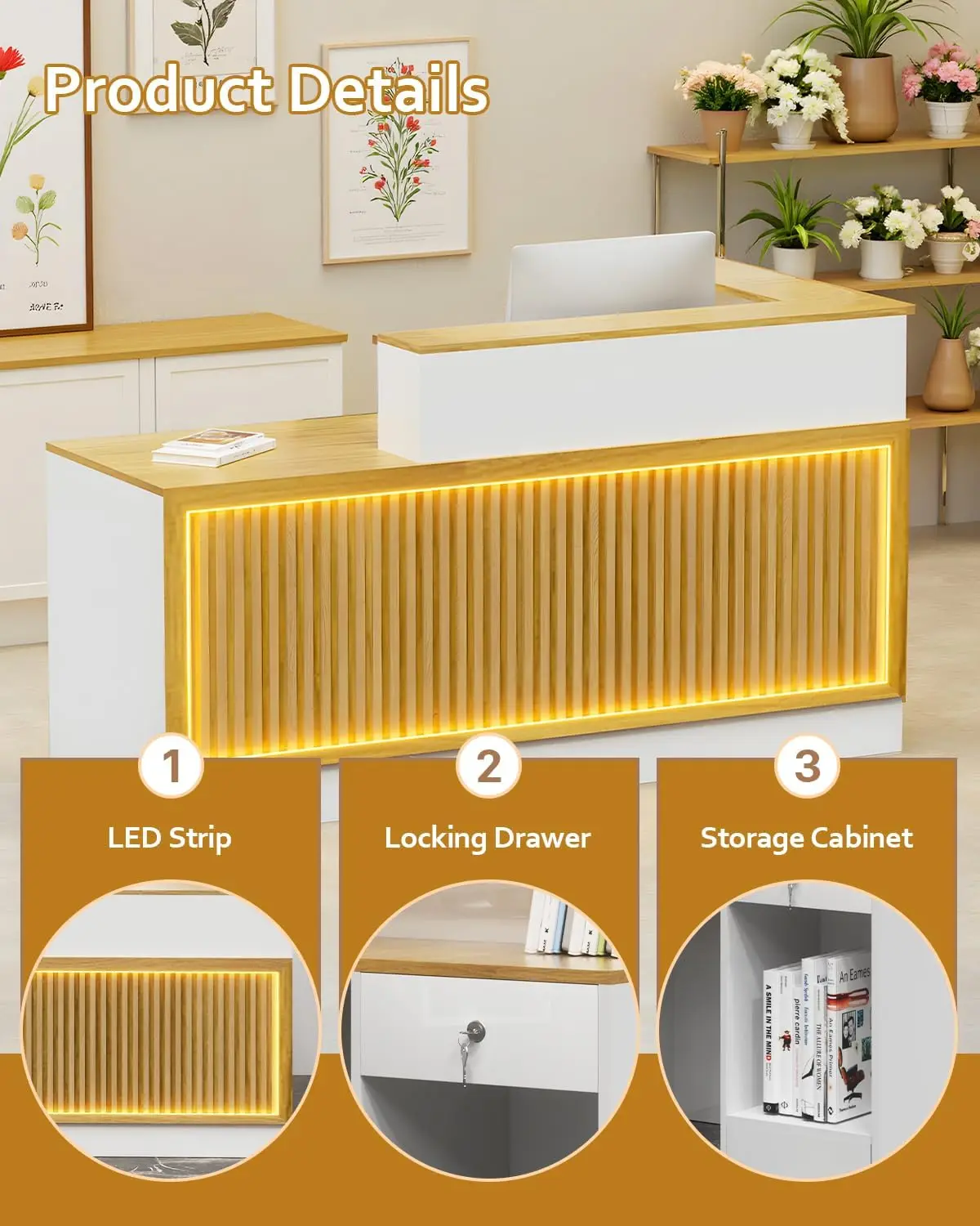 Modern Reception Desk, Solid Wood Reception Desk with CounterCheck Out Stand with Lockable Drawer, Retail Checkout Counter