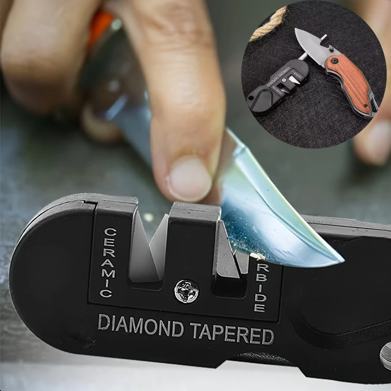 Afilador de cuchillos de bolsillo multifunción, piedra afiladora plegable 4 en 1 con 3 etapas de cerámica, carburo y diamante cónico, 1 ud.