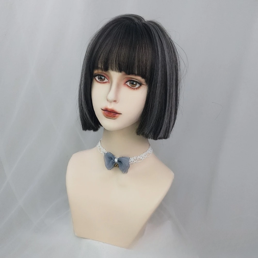 

Wig female black bobo head full head cover round face headband dyed sweet fashion inner buckle short hair black silver highlight