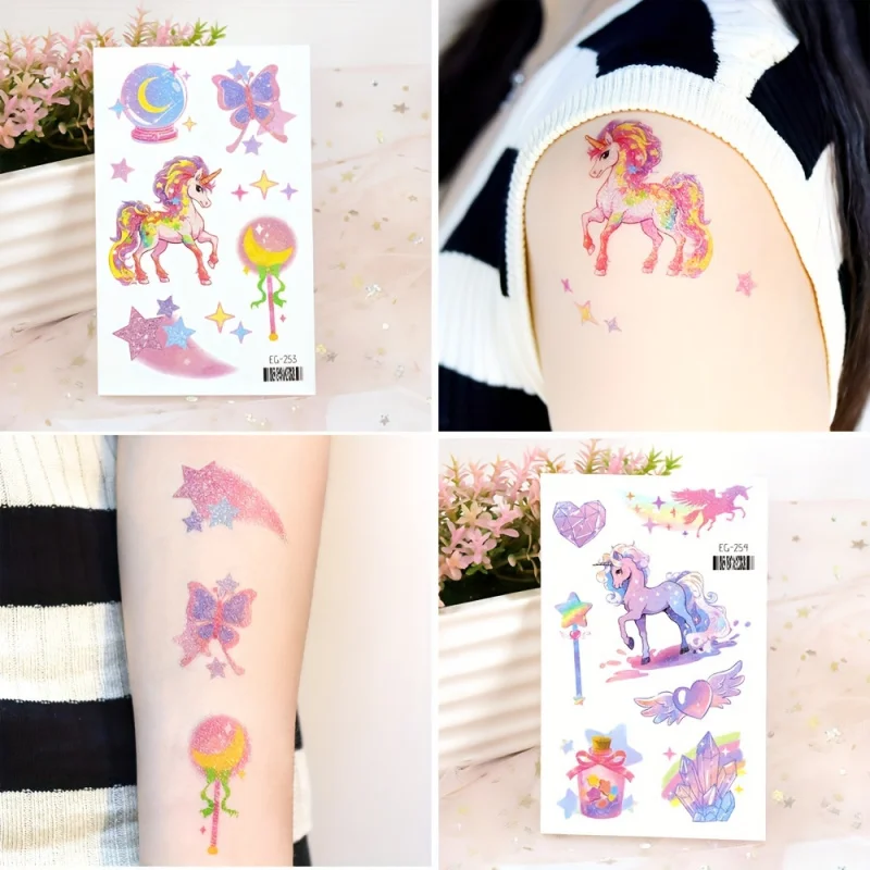 12-piece waterproof glittery pink unicorn and mermaid cartoon animal temporary tattoo set-butterfly, fairy, rabbit, Flamingo,