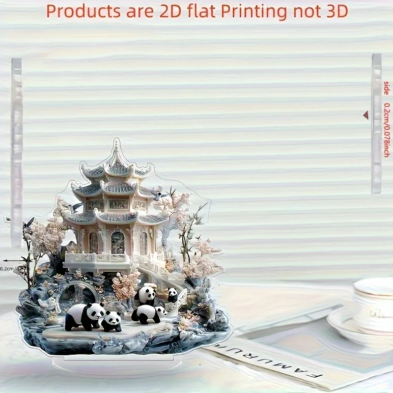 2D Flat, 2D Flat Panda Garden Acrylic Tabletop Decor - Elegant Panda & Pagoda Landscape Design, Multifunctional Home Decoration