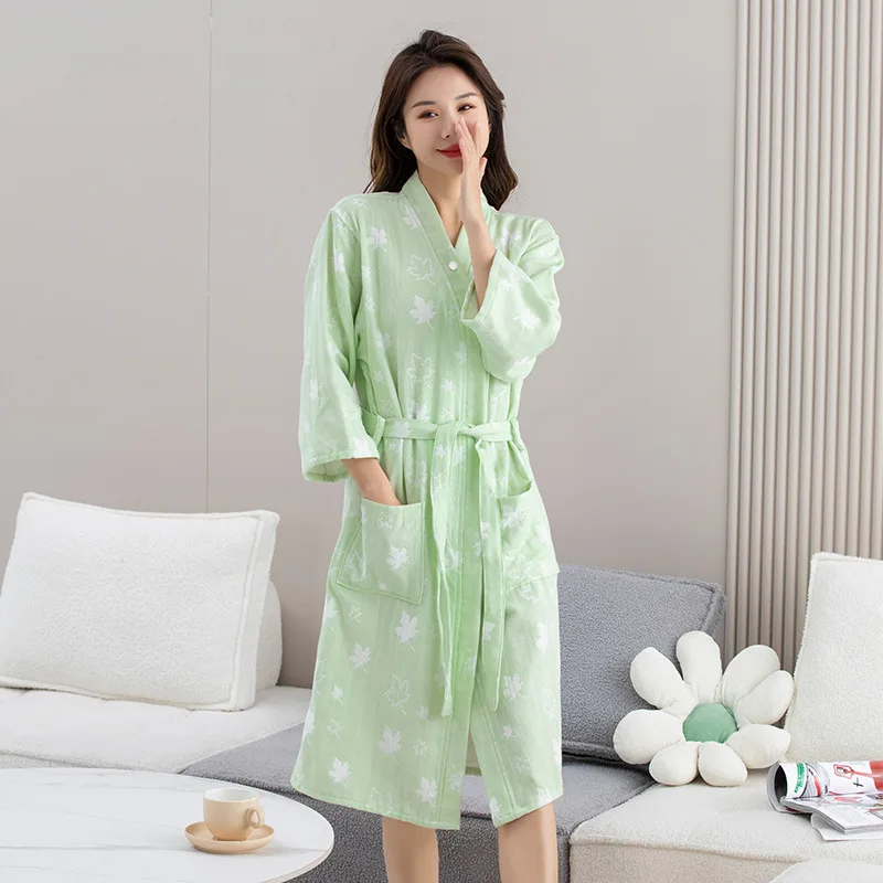 ملابس نوم نسائية رداء حمام قطني تصميم رقيق للربيع والخريف بأكمام تسعة أرباع رداء حمام يوكاتا ماص سريع الجفاف #2