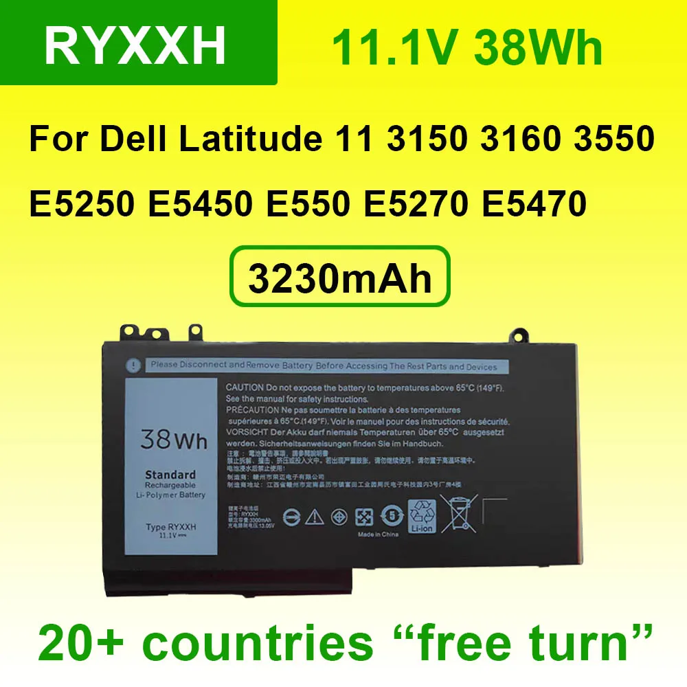 RYXXH Laptop Battery For Dell Latitude 11 3150 3550 3160 12 5000 E5250 E5450 E5550 E5270 E5470 Series 11.1V 38Wh 09P4D2 9P4D2
