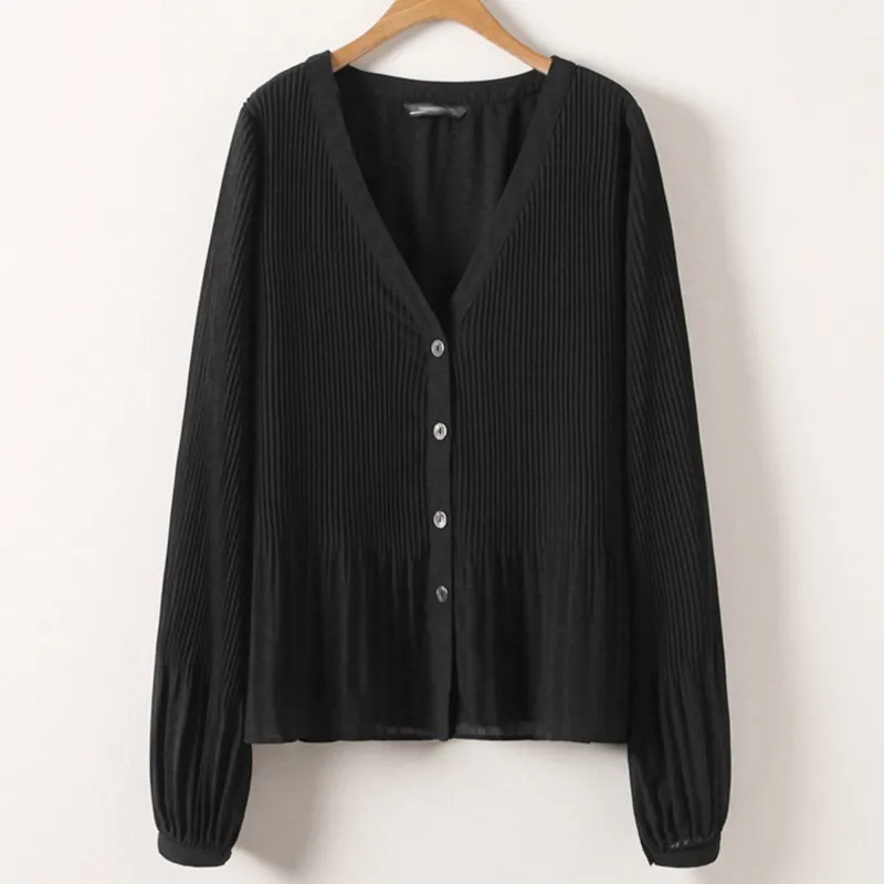 

Plus Size Women Shirt 2023 Summer Long Sleeve Double Layer Pleated Chiffon Tops Loose Blouses Oversized Curve Clothes
