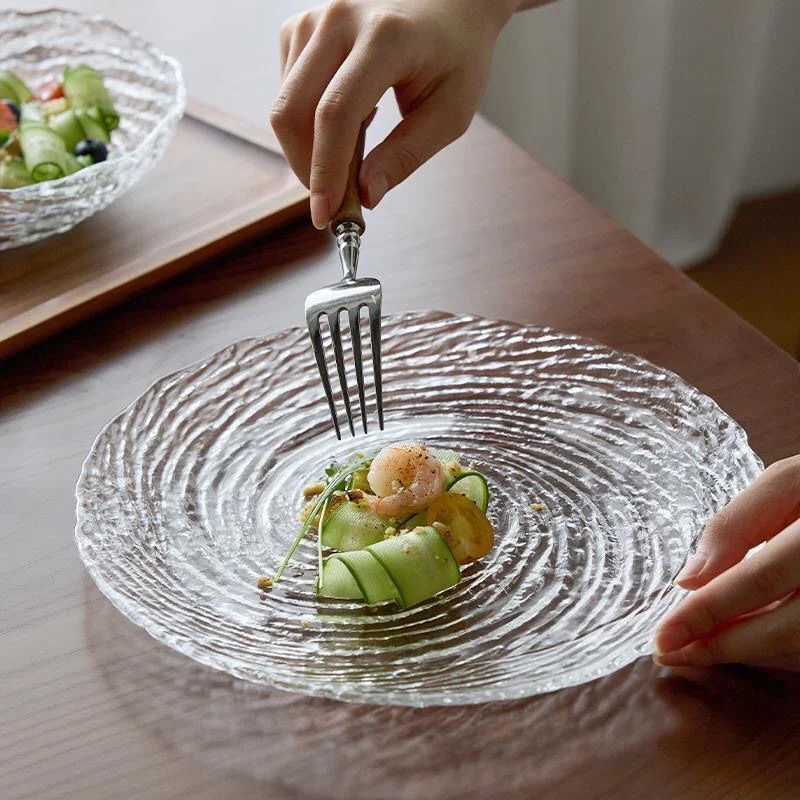 Transparent Glass Dessert Dish Light Luxury Household Dim Sum Fruit Salad Plate Kitchen Tableware Round Bread Plates тарелки