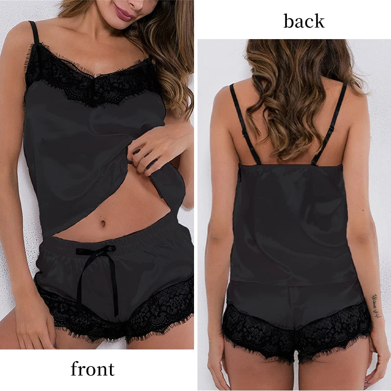 New Two Piece Set Sexy Split Style Sleepwear Lace Suspender Top Bow Shorts Lace Edge Women\'s Summer Casual Home Wear