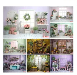 Spring Easter Kids Portrait Photography Backdrop Flowers Colorful Eggs Bunny Wood Door Grass Birthday Party Photocall Background