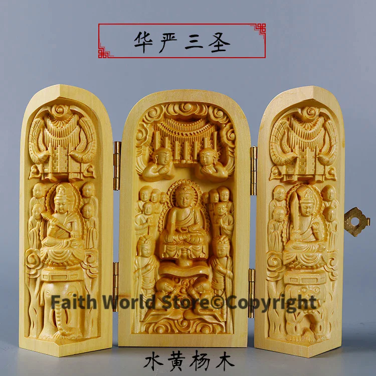 

Buddhism sacred holy # home TOP efficacious Talisman Protection Lotus Sam Buddha Guanyin Sculpture Wood carving ART statue