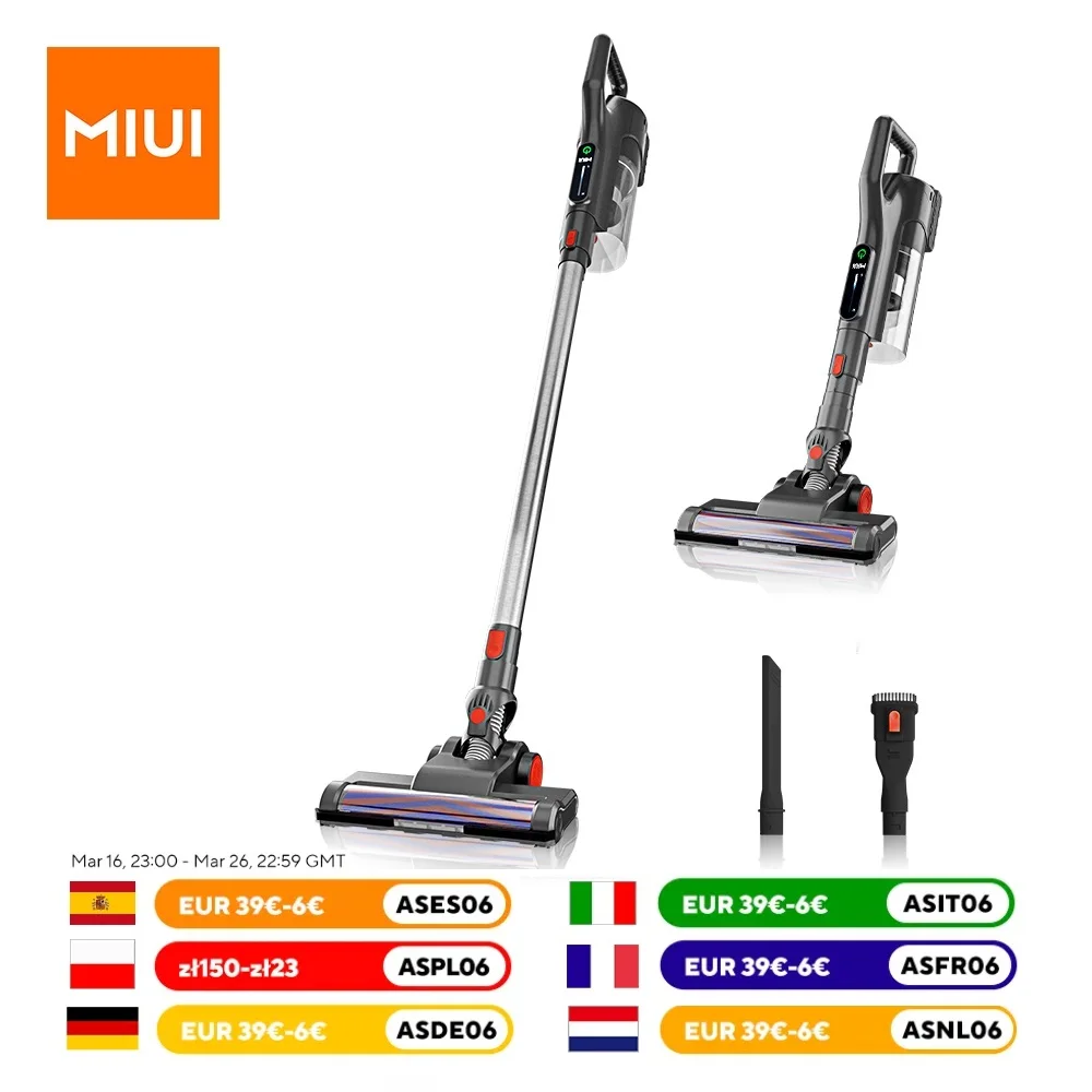 MIUI Cordless Handheld Vacuum Cleaner with Touch Screen, Powerful Suction Removable Rechargeable Battery，LED-Light,2-Gears