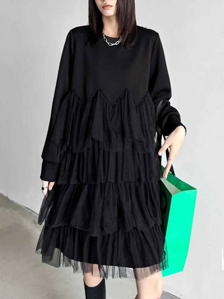 [EAM] Women Black Mesh Spliced Elegant Big Size Mini Dress New Round Neck Long Sleeve Fashion Tide Spring Autumn 2024 1DH6860