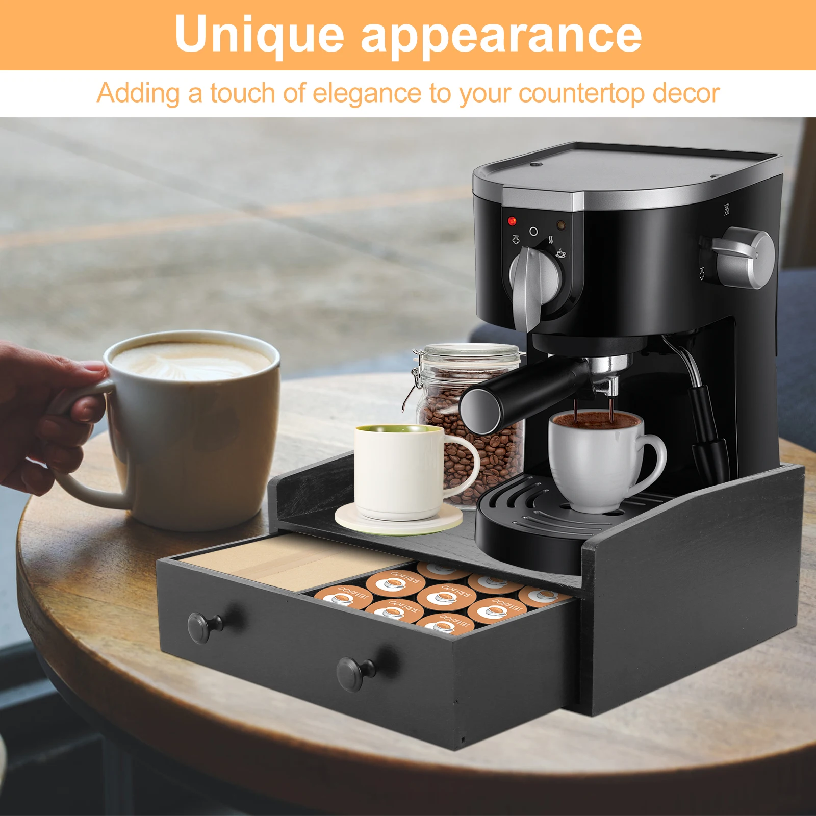 Capsule Coffee Display Rack Storage Coffee Bar Organizer with Drawer Wood Coffee Station Organizer Coffee Machine Base Drawer