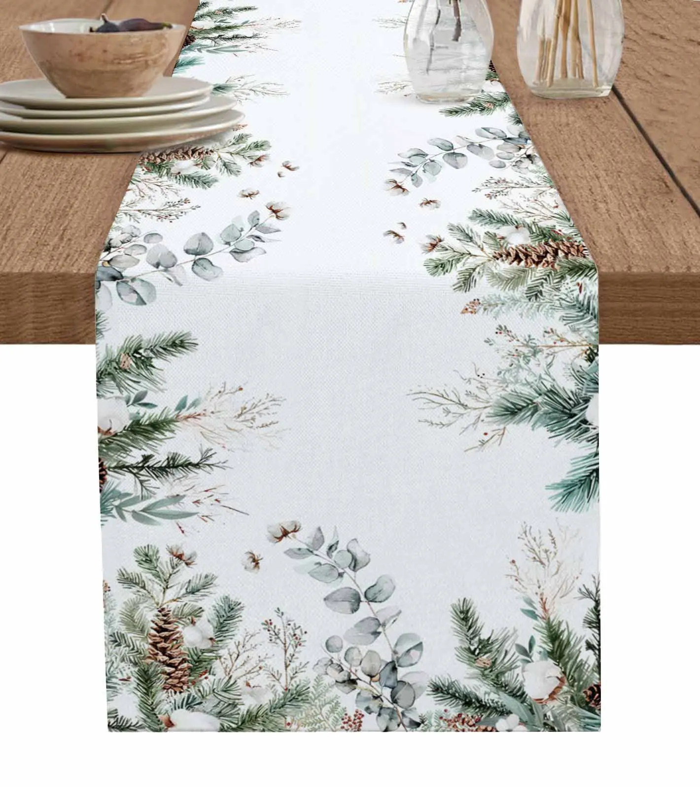 Christmas Winter Eucalyptus Leaves Cedar Nuts Table Runner Wedding Party Decor Table Runner Xmas Dining Table Decor Tablecloth