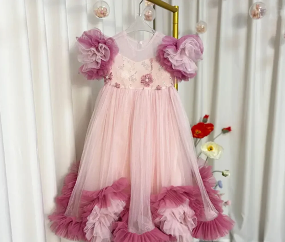 

Customized Pink Flower Girl Dresses For Wedding Sequins Ruffles Tulle Gorgeous Photo Shoot Birthday Bridesmaid Pageant Gift Gown