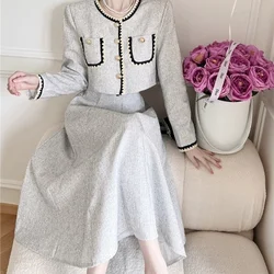 Short Tweed Jacket for Women 2024 Korean Clothes Grey Suit Cardigan Coat A Line Swing Black Pleated Skirts 2 Piece Sets