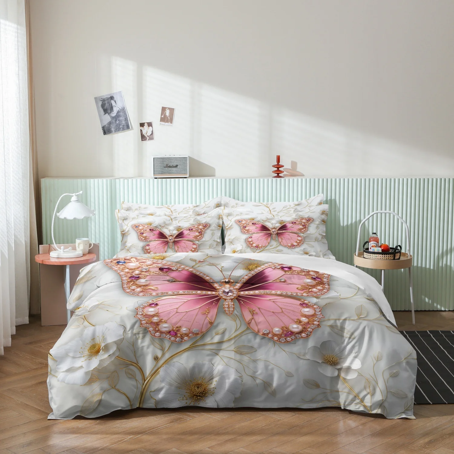 3Pcs Luxury Pink Crystal Butterfly Print Duvet Cover Set, Light Grey Golden White Floral Pearl Jewel Butterfly Printed Bedding