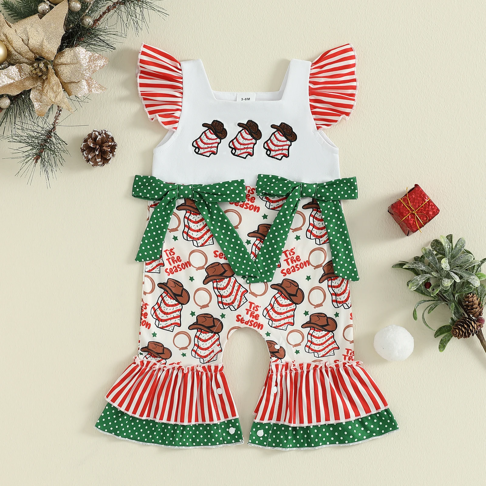 

VISgogo Рождественский комбинезон для маленьких девочек, повседневный комбинезон в горошек/западный принт с милым бантом и рукавами-крылышками, милая одежда для новорожденных