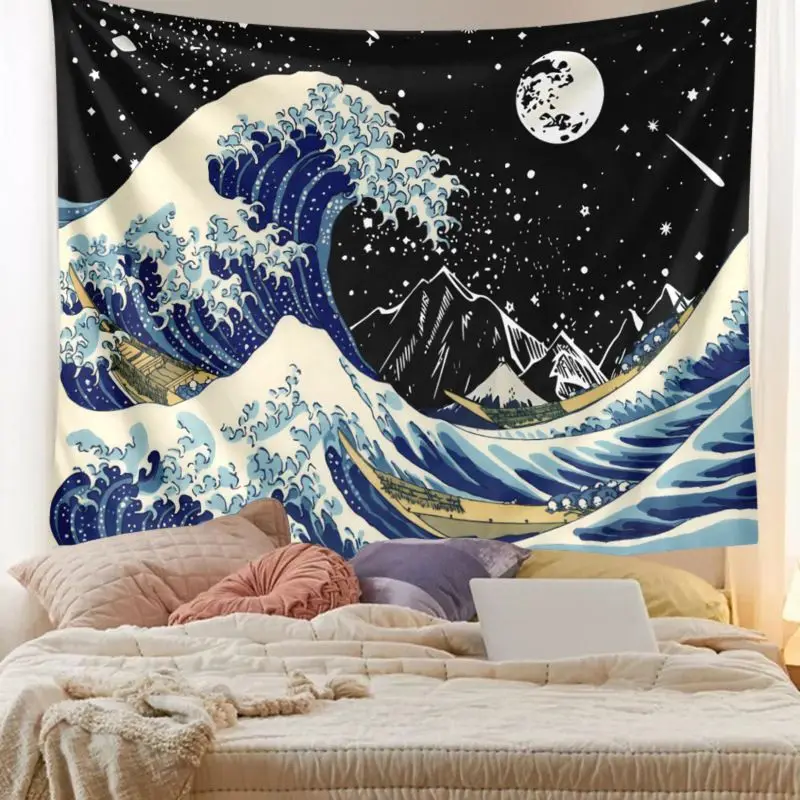 VIKAMA Kanagawa Surfing Starry Sky Moon Tapestry Background Cloth Wall Decoration Living Room Background Wall Room Decoration