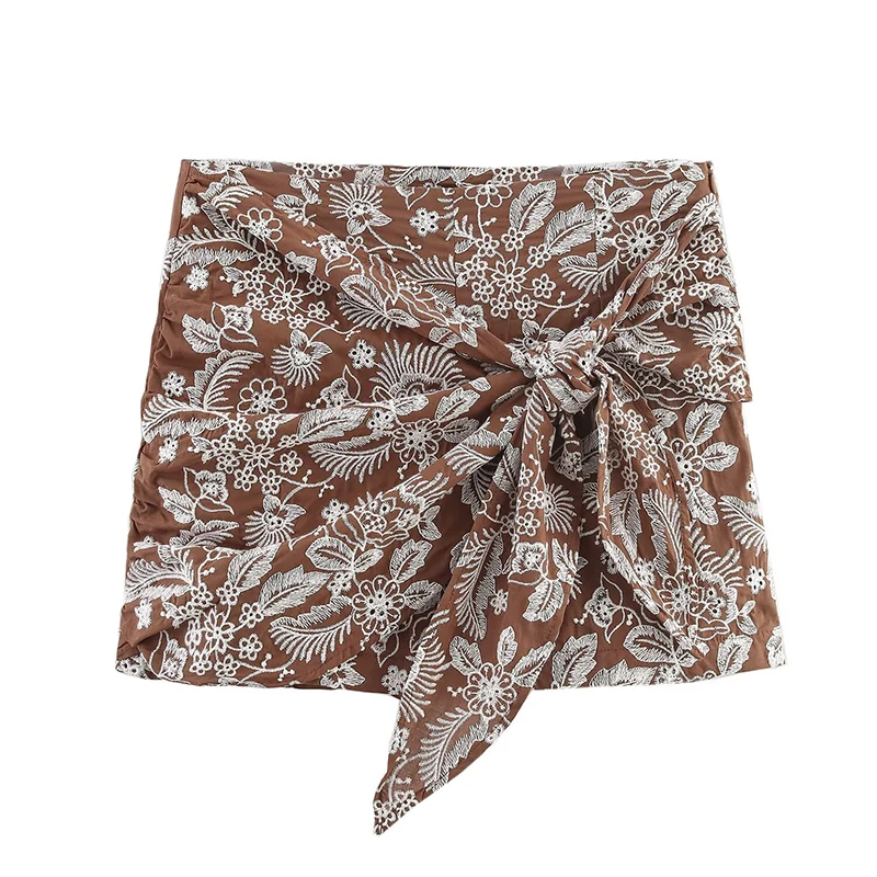 

Summer 2025 Women Vintage High Waist Side Zipper Floral Embroidery Knot Shorts Skirts Casual Holiday pantalones cortos