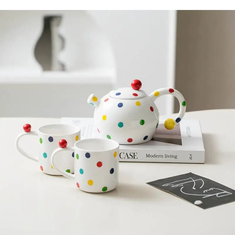 Colored Polka Dot Ceramic Teapot Set High Beauty Tea Pot Three Piece Coffee Milk Mug Household Supplies