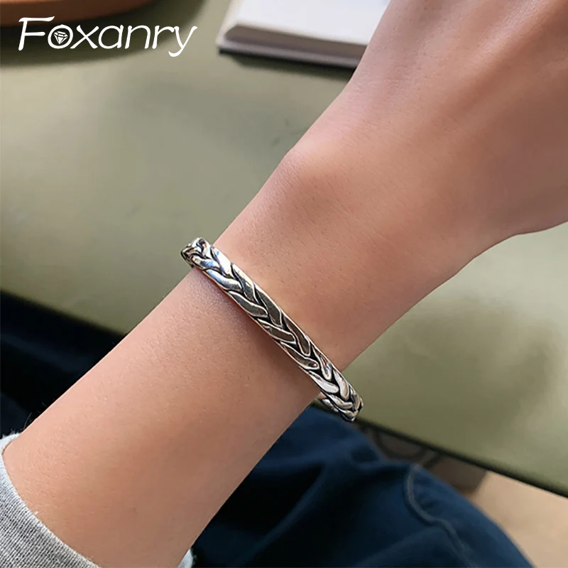 Foxanry Silver Color Weave Geometric Cuff Bracelet For Women Couple Minimalist Classic Vintage Handmade Anniversary Jewelry Gift