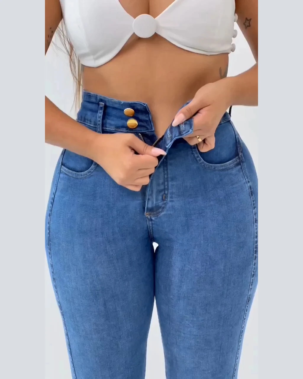 Spring Summer New Women's Clothing Fashion Blue high waisted double breasted jeans Slim Pencil Pant Streetwear Elastic Tight