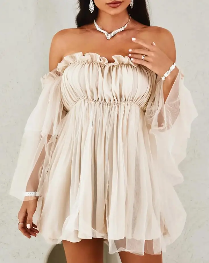 

Summer Women's Dress Off Shoulder Frill Trim Sheer Mesh Swing Ruffle Loose Beach Dresses Slash Neck Mini Dress Party Vestido